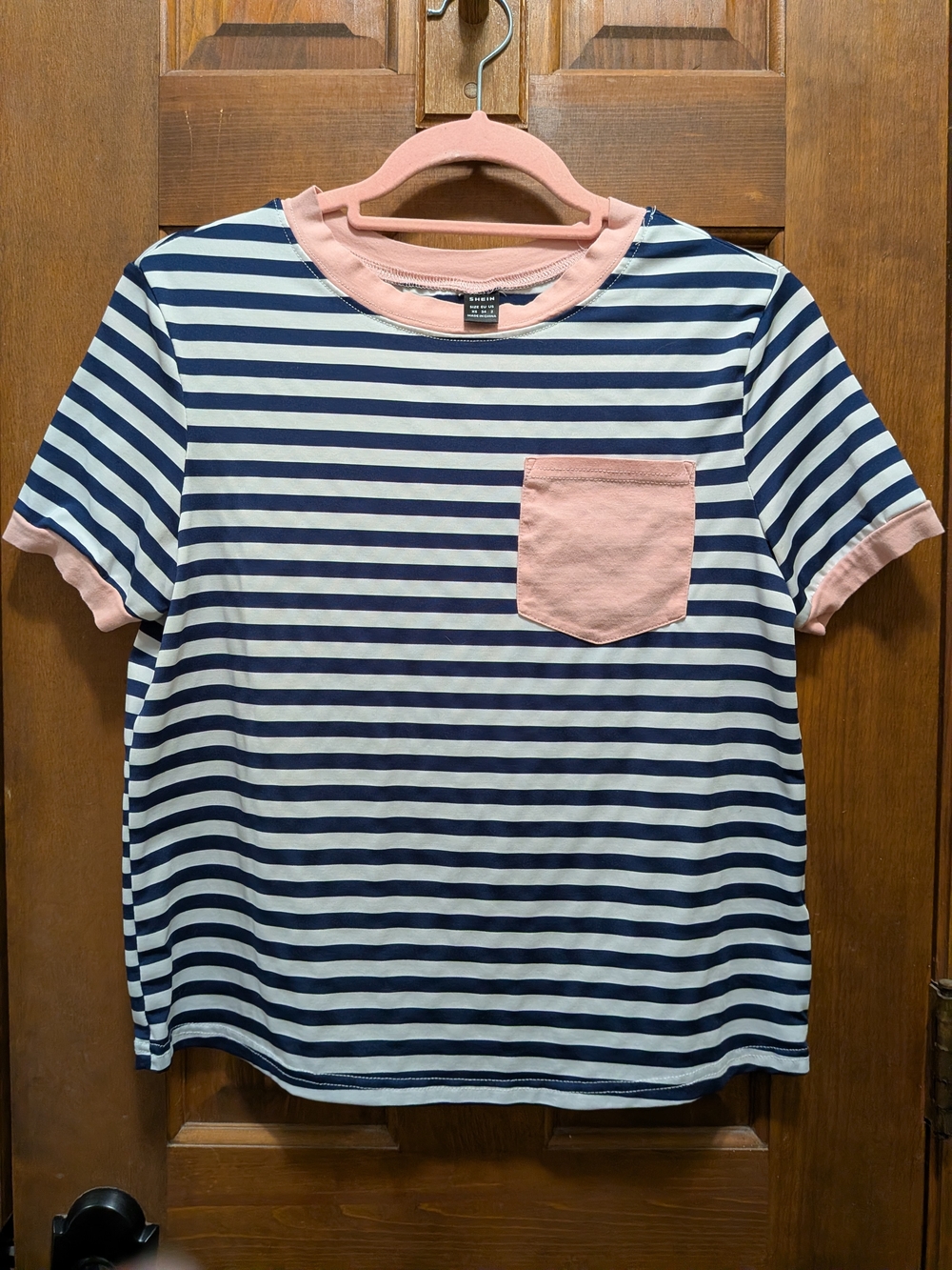 SHEIN Navy & Pink Striped Short Sleeve Pocket Tee